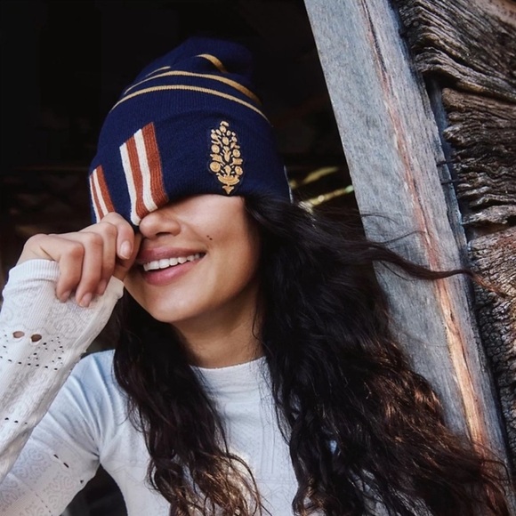 Free People Park City Prep Beanie Knit Navy Blue Stripe NWT Buti Logo Academia main image 6
